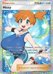 1girl, :d, \(medium\), alternate at blue blush, bra, breast breasts, card character collarbone, english eyes, footwear, green hair, huge huge_breasts looking misty_(pokemon) misty_(pokemon), mouth, name, only, open orange ponytail, red shoes, short shorts, side size, smile, sneakers, solo, sports sports_bra teeth teeth, text, upper viewer, wristband,