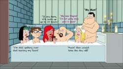 2boys 4girls american_dad bald bath bathroom bathtub black_hair blonde_hair brother_and_sister brown_hair candle dr_weitzman erection family female francine_smith gay glasses hands_behind_head hard_on hayley_smith homosexual_sex husband_and_wife infidelity long_hair necklace nude penis red_hair soap stan_smith steve_smith viagra voyeur washing_hair