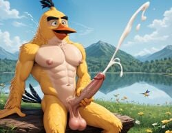 1boy 1male ai_generated angry_birds anthro balls big_balls big_muscles big_nipples big_penis big_testicles bird booster_rex chuck_(angry_birds) cum cumming cumshot daddy erect_penis erection forest furry furry_male gay green_eyes huge_balls huge_cock huge_muscles huge_nipples huge_testicles male male_only masturbating masturbation muscles muscular muscular_anthro muscular_male nipples penis testicles thick_eyebrows tree two_tone_body white_belly white_feathers yellow_body yellow_feathers yellow_skin