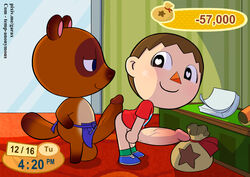 420_(number) animal_crossing animal_crossing_boy anthro apron balls big_balls big_penis bottomless brown_fur brown_hair erection furry garabatoz gay half-closed_eyes heart_eyes highres huge_penis human imminent_anal male male/male male_only mammal naked_apron nintendo penis tanuki tom_nook villager_(animal_crossing) yaoi