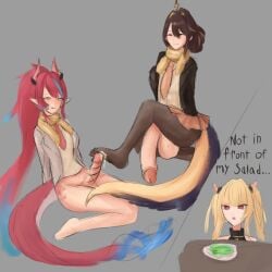 2futas aegislily ahe_gao black_hair black_legwear blue_eyes blue_highlights blue_streak blush bottomless cardigan closed_eyes colored_sketch cum_on_foot dragon_horns dragon_tail eel_tail footjob hairbun hanging_penis huge_cock idol-en idol_corp indie_virtual_youtuber juna_unagi kai_saikota large_penis lightning_ahoge meme_reference necktie red_hair scarf sitting_on_leg skirt smile w_sitting yellow_highlights