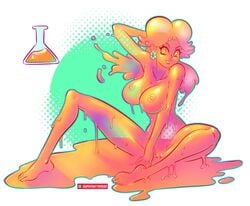 1girls breasts earrings female female_only full_body goo goo_girl long_hair looking_at_viewer mario_(series) monster_girl nintendo nipples nude princess_daisy simple_background sitting slime_girl slime_potion slimification solo supersatanson translucent