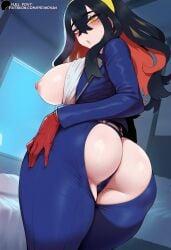 :o ai_generated ass ass_focus black_hair blue_jacket blue_pants blue_uniform breasts breasts_out carmine_(pokemon) colored_inner_hair gloves hair_between_eyes hand_on_hip headband hi_res highres huge_ass jacket large_breasts looking_back mole_under_eye multicolored_hair nipples orange_hair pants pokemon primosan pussy_juice red_gloves round_ass standing thong torn_clothes unbuttoned_shirt uniform yellow_eyes yellow_headband