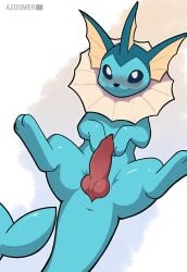 absurd_res animal_genitalia animal_penis azoomer blue_body blush canine_genitalia canine_penis digital_media_(artwork) eeveelution feral generation_1_pokemon genitals hi_res male mammal nintendo penis pokemon pokemon_(species) simple_background smile solo tail vaporeon