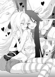 2girls clothing comic female french_kiss hand_under_clothes heart highres kissing looking_at_another looking_back midriff monochrome multiple_girls navel nipple_tweak one_eye_closed open_mouth ore_twintail_ni_narimasu panties pussy_juice saliva smile striped striped_legwear sweat thighhighs tsube_aika twoearle yuri yuto