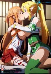 2girls ai_generated blonde_hair brown_eyes green_eyes juanpiamvs leafa long_hair patreon patreon_username subscribestar subscribestar_username sword_art_online watermark yuuki_asuna