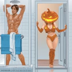 1boy 1girls frans_mensink halloween pumpkin_head shower tagme