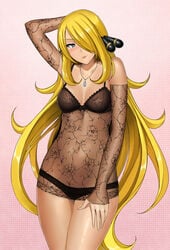 1girls armpits blonde_hair blue_eyes blush bra cynthia_(pokemon) detached_sleeves female floral_print hair_ornament hair_over_one_eye human_only jewelry lingerie long_hair looking_at_viewer metalbolic navel necklace nightgown nintendo panties pointy_chin pokemon pokemon_dppt see-through sheer smile solo standing underwear very_long_hair