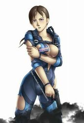 blue_eyes bracelet brown_hair cleavage facebook female handgun jill_valentine jill_valentine_(amra_sila) looking_at_viewer ponytail resident_evil suit tied_hair torn_clothes