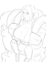 aka6 amputee big_breasts breasts female looking_at_viewer mec monochrome quadruple_amputee smile x-com xcom_enemy_unknown xcom_enemy_within