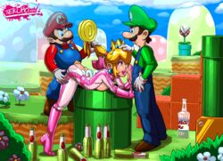 1girls 2boys animated ass beer bent_over blonde_hair blue_eyes bodysuit boots bottle breast_press breasts clothed clothing doggy_style double_penetration drunk facial fellatio female from_behind full_body gloves hair_pull high_heels human licking luigi male mario mario_(series) mario_kart mmf_threesome multiple_boys nintendo open_mouth oral outdoors penis piranha_plant ponytail ponytail_hold princess_peach prostitution sex sky smaller_male spitroast standing straight super_mario_bros. tekuho threesome tied_hair tight_clothing tongue tongue_out