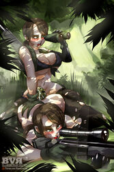 2girls ass bent_over bikini_top blue_eyes blueversusred blush brown_hair cleavage female gloves metal_gear metal_gear_solid metal_gear_solid_v multiple_girls ponytail quiet_(metal_gear) selfcest sex_toy sniper_rifle strap-on tied_hair weapon