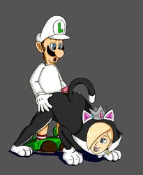 1boy 1girls ass bent_over blonde_hair blue_eyes brown_hair buttjob cat cat_ears cat_rosalina cat_suit cat_tail costume crown earrings feline female from_behind gloves hair_over_one_eye half-closed_eyes human looking_back luigi male mario_(series) mustache nintendo open_mouth penis princess_rosalina smile straight super_mario_3d_world tagme top-down_bottom-up wildswingding