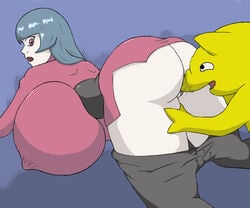 1girls ass bangs bent_over black_hair blunt_bangs bosomancer breast_pillow breasts breasts_bigger_than_head clothed_sex drowzee gigantic_breasts huge_breasts large_breasts long_hair looking_back lying monster monster_sex pants_down penetration pokemon pokephilia purple_eyes pussy_juice sabrina_(pokemon) sex sniffing vaginal_penetration