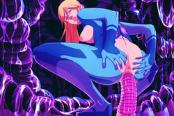 anus ass blonde_hair blue_eyes breasts crotchless dildo female long_hair metroid nintendo nipples pussy samus_aran sex_toy solo squatting vaginal_insertion youngjaerome zero_suit zero_suit_samus