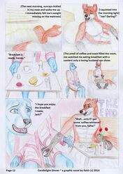 2014 anthro ass bed beverage blue_eyes blue_fur bread breakfast butter canine closed_eyes coffee comic egg english_text fingers food fox fur green_eyes hi_res jack_fox jam joe_wolf lube mammal nude penis rahir red_fur sunlight text toast wolf