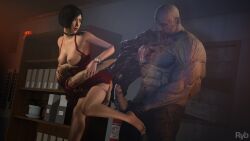 3d ada_wong ada_wong_(adriana) big_penis black_hair breasts capcom dress female genital_fluids genitals grey_body hair human human_female male male/female male_monster monster mr_x muscular muscular_male nipples partially_clothed penis precum resident_evil resident_evil_2 resident_evil_2_remake ryb teeth tyrant