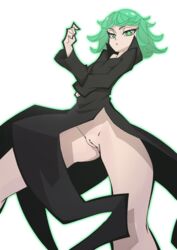 1girls black_dress bottomless breasts dress female female_only green_eyes green_hair human looking_at_viewer no_panties one-punch_man pussy serious short_hair solo tatsumaki the_pink_pirate