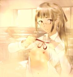 blush brown_eyes chair classroom desk eisei_(jennybosworth) female glasses hair_ribbon highres long_hair nipples open_clothes open_shirt ponytail ribbon shirt sidelocks small_breasts solo tied_hair untying window