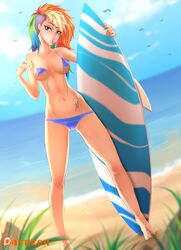 1girls anthro beach bikini bird breasts bubble bubble_gum cloud color cutie_mark dutch_angle female friendship_is_magic hair head_tilt multicolored_hair my_little_pony patreon rainbow_dash_(mlp) rainbowscreen sand sky smooth_skin solo spread_legs standing surfboard undressing water