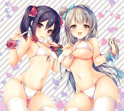 2girls 5_fingers :p absurdres ayuma_sayu beige_skin bikini black_hair blush breasts brown_eyes brown_hair clothes covered_nipples cowboy_shot duo female female_only front-tie_top gesture grey_hair hair hair_ribbon heart highres human ily_sign large_breasts long_hair looking_at_viewer love_live! love_live!_school_idol_project minami_kotori multiple_females open_eyes open_mouth ribbon round_ears short_hair side-tie_bikini side_ponytail skimpy_clothes small_breasts smile swimsuit thighhighs tied_hair tongue tongue_out twintails uncensored white_bikini white_legwear white_swimsuit wrist_cuffs yazawa_nico