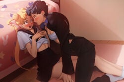 2girls abbystea bed bedroom binder bishoujo_senshi_sailor_moon black_hair blonde_hair blue_eyes blush breasts chest_binder chest_wraps cleavage clothing female female_only female_with_female flat_chest floor panties school_uniform schoolgirl seiya_kou skirt small_breasts smooth_skin socks underwear uniform usagi_tsukino yuri