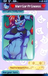 2015 anthro blue_skin clothing ear_fins english_text eye_patch eyewear female fin fish hair inuki marine monster pussy red_hair shirt solo text undertale undyne video_games