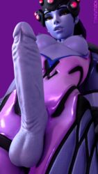 1futa 3d 9:16 blizzard_entertainment blue_hair blue_penis blue_skin bodysuit breasts from_below futa_only futanari headgear intersex mikeymack overwatch penis solo taker_pov testicles uncensored widowmaker