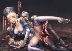 1boy absurdres arm_support armor blonde_hair blue_eyes blush book braid breasts bukkake censored cleavage cleavage_cutout condom cum cum_in_pussy cum_on_body cum_on_breasts cum_on_hair cum_on_lower_body cum_on_upper_body elf facial female full_armor glasses hair hair_ribbon hat headgear helmet high_heels highres kinpatsu_elf_shika_kaku_ki_no_nai_hito knight leg_up long_hair long_sleeves looking_at_viewer lying medieval_armour mitre nail_polish on_side open_mouth original panties panties_aside penetration penis pointy_ears puffy_sleeves pussy ribbon saliva sex smile solo_focus spaulders spread_legs straight sweat text thighhighs tied_hair tongue tongue_out translation_request underwear used_condom vaginal_penetration white_legwear white_panties