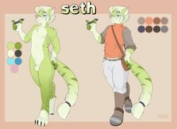 amorous anthro clothed clothing color_palette eyewear feline fur girly glasses green_fur jasonafex kabier mammal model_sheet multicolored_fur pen seth_(amorous) sheath solo_male