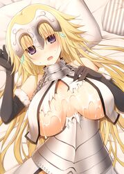 after_paizuri armor bed_sheet blonde_hair blush breasts chains cum cum_drip cum_on_body cum_on_breasts cum_on_upper_body elbow_gloves embarrassed fate/grand_order fate_(series) female fur_trim gloves headpiece jeanne_d'arc_(fate) kujiran large_breasts long_hair lost_clothes lying on_back open_mouth pillow purple_eyes solo sweatdrop torn_clothes wavy_mouth