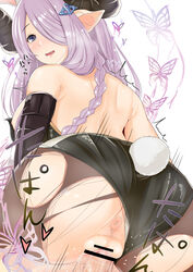 anus bare_shoulders blue_eyes bunnysuit draph_race_(granblue_fantasy) female granblue_fantasy highres horns lavender_hair male narmaya_(granblue_fantasy) pantyhose penis pointy_ears pussy schizanthus_(artist) sex torn_clothes torn_pantyhose vaginal_penetration