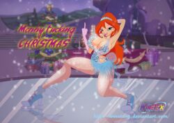 1girls areola armpit bloom bloom_(winx_club) blue_eyes breasts busty christmas cleavage clothes crown dress elbow_gloves english_text eyeshadow female gloves holidays hourglass_figure ice_skates innie_pussy jewelry large_breasts legs licking_lips lips lipstick long_hair makeup middle_finger nipples orange_hair pantyhose pussy rainbow_(animation_studio) riffsandskulls solo tagme teeth text thighs tongue tongue_out tree vagina voluptuous winx_club