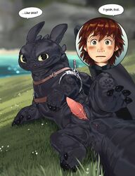 2boys dragon dreamworks english english_dialogue english_text erection gay hiccup_horrendous_haddock_iii how_to_train_your_dragon human lando male male_only mammal night_fury penis speech_bubble toothless yaoi