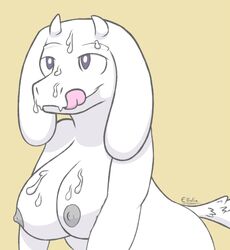 2015 anthro areola boss_monster breasts caprine cum cum_on_breasts cum_on_face ellistia female goat half-closed_eyes horn long_ears mammal monster nipples nude simple_background smile solo tongue tongue_out toriel undertale video_games