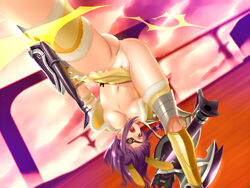 aoi_mug ass braid breasts eye_patch female fighting fur gloves greaves leila_(monster_hunter) long_hair monster_hunter monster_hunter_frontier navel one_leg_raised open_mouth panties purple_hair solo spread_legs thong tied_hair underboob underwear weapon yellow_eyes