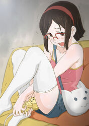 blush brown_eyes brown_hair denim_skirt female glasses gundam gundam_build_fighters hairband highres jean_skirt kousaka_china masturbation miniskirt open_mouth over-rim_glasses red-framed_glasses semi-rimless_glasses short_hair sideskirt skirt solo tank_top thighhighs vibrator white_legwear