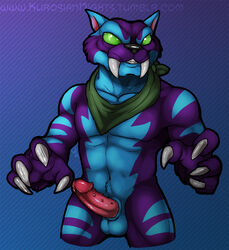 1boy abs anthro barbs claws fangs feline furry green_eyes male male_only mammal muscular muscular_male navel panther penis pupiless_eyes sabertooth_(feature) scarf simple_background skylanders skylanders:_swap_force solo trap_shadow weirdhyenas