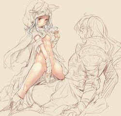 1boy blush female granblue_fantasy hooded jpeg_artifacts naked_cape naoise navel nipples partially_colored penis sex silver_hair skasaha_(granblue_fantasy) sketch small_breasts straight sweatdrop zanzi