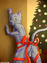 1boy 2015 anthro anus ass balls christmas feline fur holidays male male_only mammal simple_background siriuswolfus smile solo