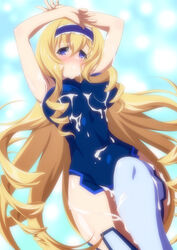 blonde_hair blue_eyes breasts bukkake cecilia_alcott cum cum_on_body cum_on_breasts cum_on_clothes cum_on_hair cum_on_upper_body drill_hair female highres infinite_stratos ka2 leotard long_hair solo thighhighs