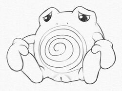 female feral looking_at_viewer mammal monochrome mouthless nintendo pokemon poliwhirl presenting pussy simple_background sitting solo spread_legs spreading traditional_media_(artwork) video_games white_background yaroul