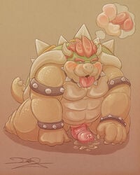 biceps blush bowser chubby collar damingo erection fellatio horn humanoid_penis kneeling koopa male male_only mario_(series) muscular nintendo nude oral overweight penis precum scalie sex solo spiked_collar thought_bubble tongue tongue_out video_games