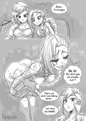 2girls arcane arcane_jinx arcane_vi bandaged_hand breasts comic incest jinx_(league_of_legends) khartemis league_of_legends long_hair monochrome nipples riot_games sisters small_breasts smile tattoo text text_bubble vi yuri