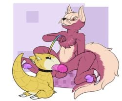 anthro armadillo balls bondage bound collar cum cum_on_penis duo fur heyitshappydoodles leash male mammal nintendo oral penis pokemon purple_fur sandshrew sex shiny_pokemon shiny_stunky skunk stunky thomas_whitaker video_games yaoi