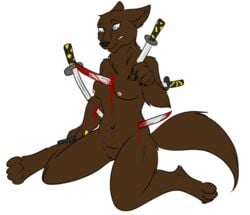 2015 akane_(akanisen) anthro areola black_nose blade blood breasts brown_fur canine claws female fur furry_ears furry_tail gore grosspotoo hi_res husky katana mammal melee_weapon nipples nude pussy simple_background solo sword tail teeth toe_claws weapon wolf