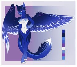 aimi anthro avian beak blue_fur blue_nipples breasts female fluffy_tail fur gryphon looking_at_viewer mammal markings model_sheet nipples nova purple_eyes pussy simple_background smile solo white_fur wings