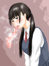 1boy akaxia bangs black_eyes black_hair blush clothing disembodied_penis fellatio female licking long_hair necktie oral original penis saliva school_uniform steam striped striped_necktie testicles tied_hair tongue tongue_out twintails