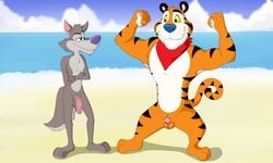 anthro balls bandana barefoot beach canine chip_the_wolf crossed_arms duo eye_contact feline flaccid flexing front_view interspecies male male_only mammal mascot mostly_nude neenya nude outside penis penis_tip seaside sheath small_penis smile smirk standing tiger tony_the_tiger whiskers wolf yaoi