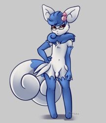 1boy anthro blue_fur eyewear feet femboy flaccid fur furry girly glasses hand_on_hip hi_res looking_at_viewer male meowstic navel nintendo no_nipples nude ohmuu paws penis pokemon red_eyes rule_63 simple_background solo standing testicles text uncut video_games white_fur